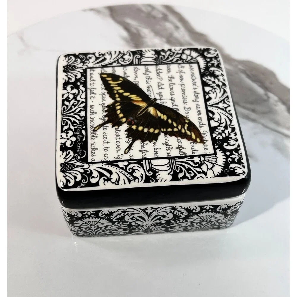 Swallowtail Butterfly ceramic Trinket Jewelry Box Black and White Demdaco